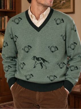 VTG Puritan Green V-Neck Dog & French Horn Sweater Men’s Size L
